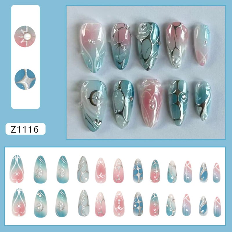CJDLTS Medium Almond Shaped Gradient Blush 3D Silver Star Irregular Lines with Pearl Stick on Nails Full Cover Reusable Coffin Press on Nails Artificial Acrylic Fingernails for Women Manicure 24Pcs - Image 3